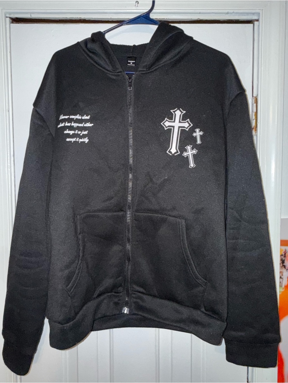 Black Zip-Up Hoodie with Cross Graphics